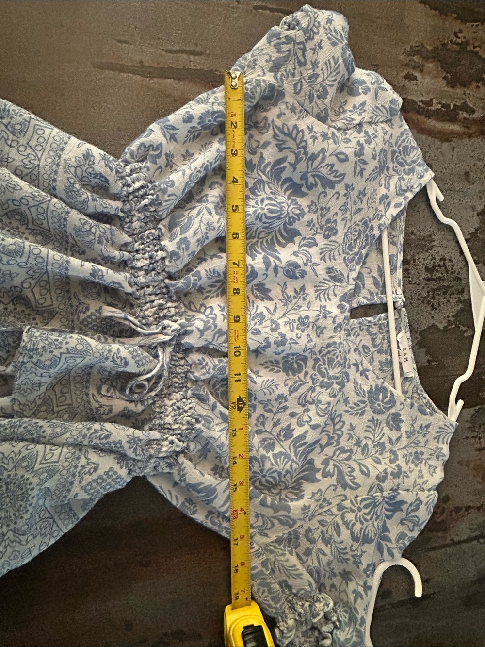 E&M Blue Floral Boho Peplum Blouse Puff Sleeve - Picture 6 of 7
